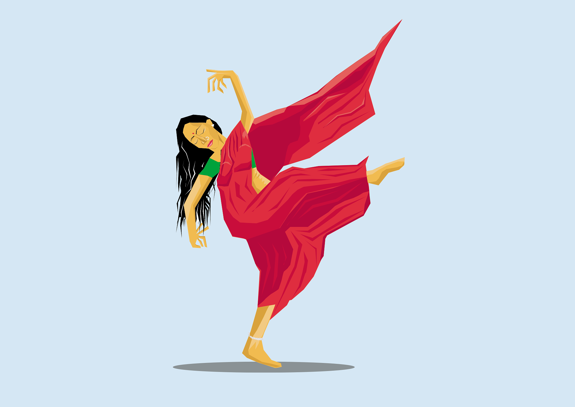 Indian Classical Dance Vector Illustration | Traditional Woman Dancing in Red Saree Flat Design